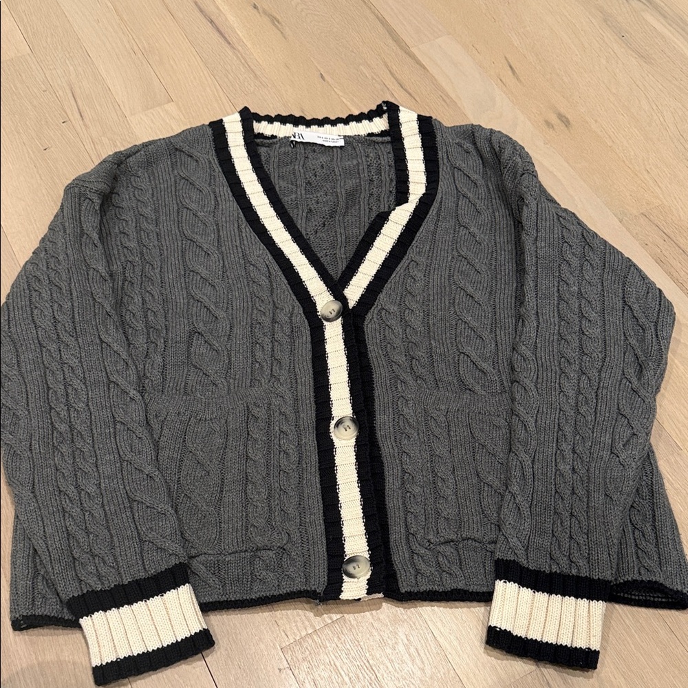 Zara Gray Cable Knit Cardigan with Black and Cream Trim